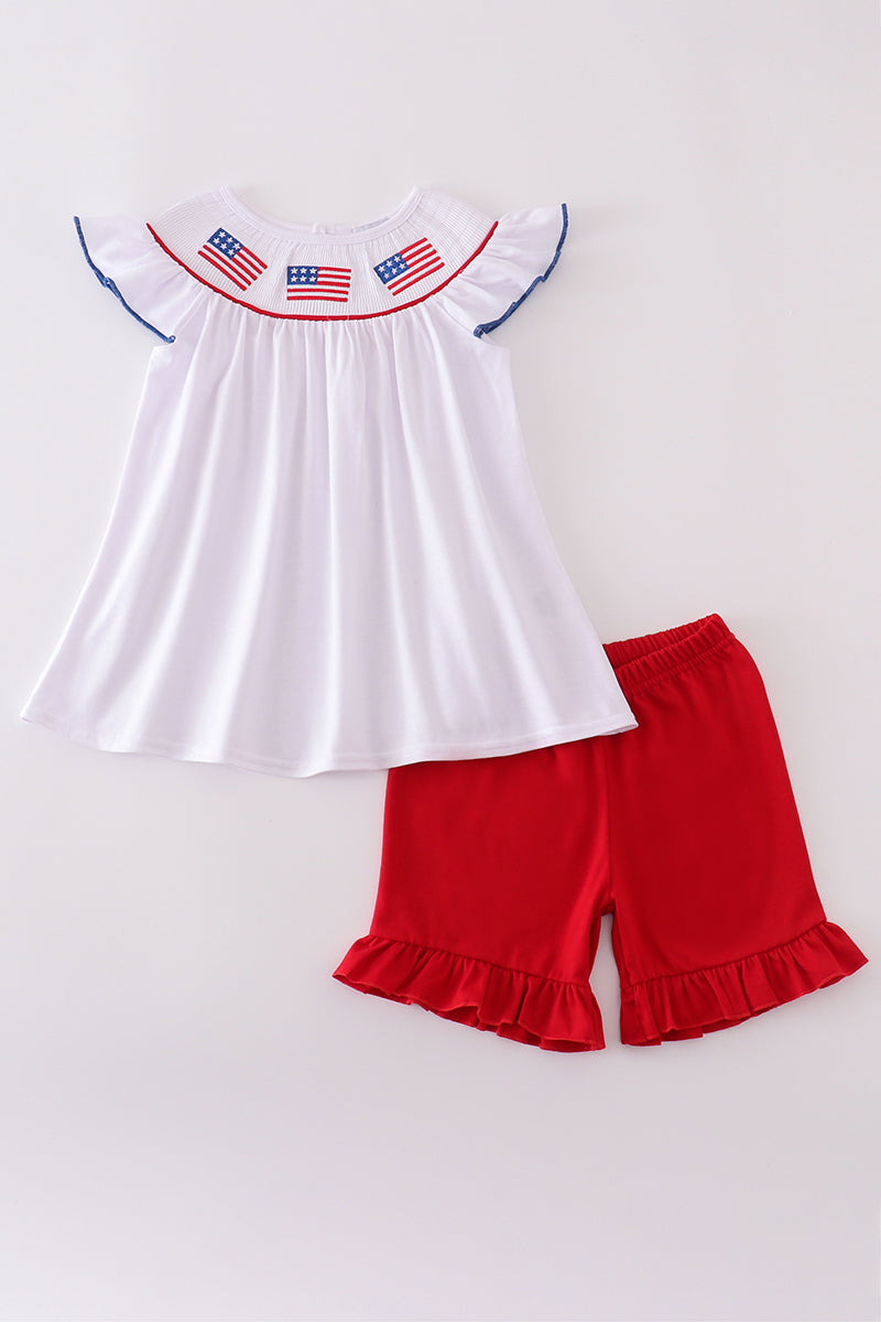 Flag Embroidery Smocked Short Set