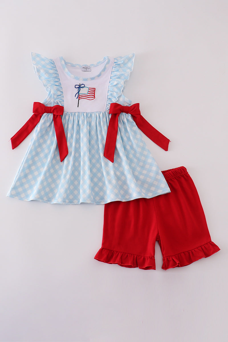 Blue Flag Embriodery Bow Gingham Ruffle Shorts Set