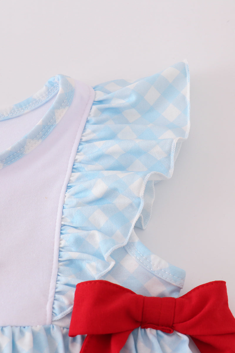 Blue Flag Embriodery Bow Gingham Ruffle Shorts Set