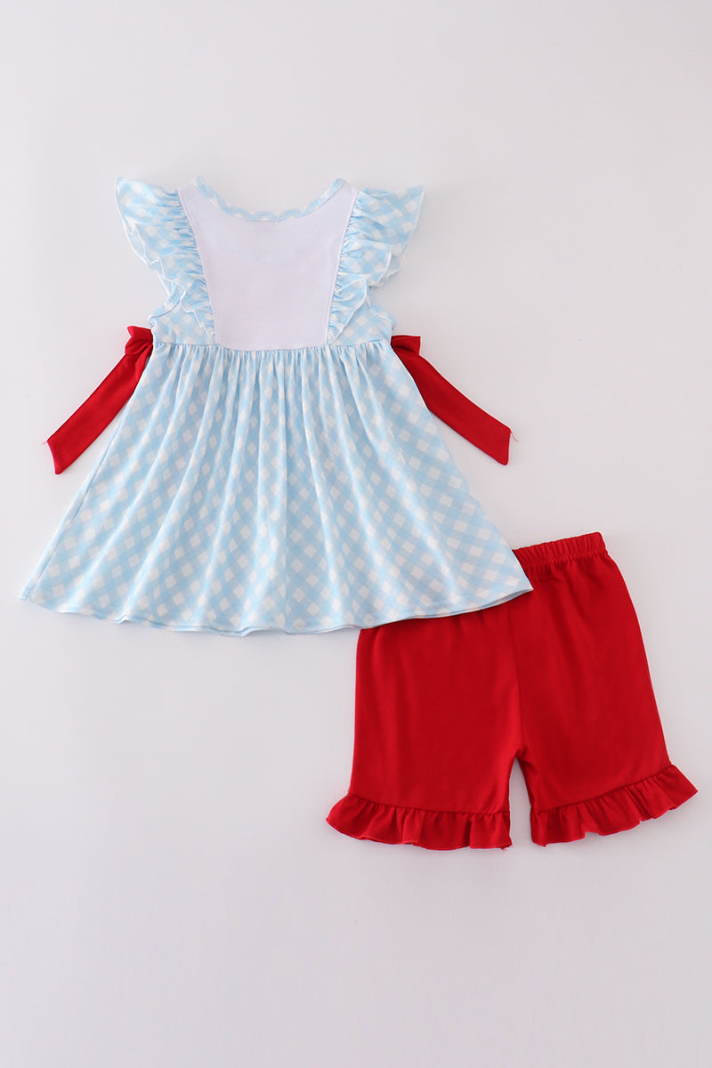 Blue Flag Embriodery Bow Gingham Ruffle Shorts Set